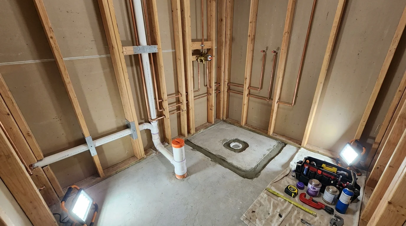 Bathroom rough-in plumbing during remodel by Johns Plumbing LLC in Indianola