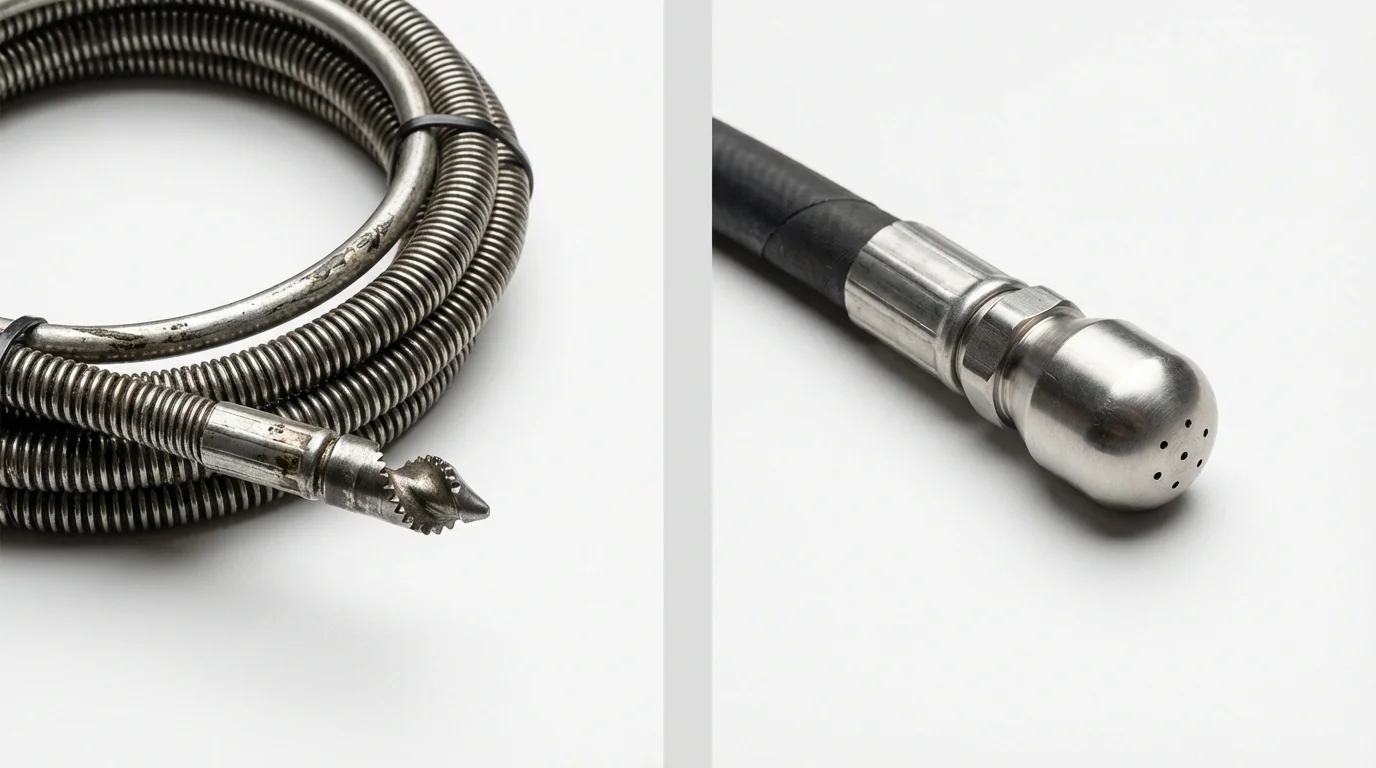 Drain snake cable and hydro jetting nozzle used for drain cleaning in Indianola, WA