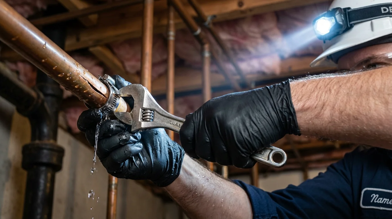 Emergency pipe clamp repair being performed by a Johns Plumbing LLC plumber in Indianola