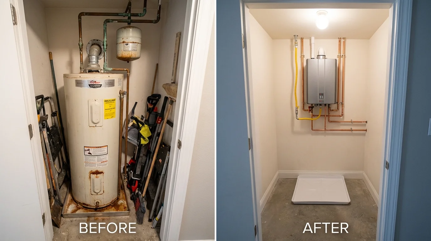 Tank water heater versus wall-mounted tankless unit comparison for Indianola, WA homeowners
