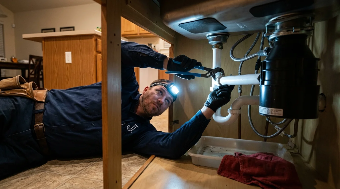 P-trap and supply line connections under a kitchen sink showing a common leak point in Indianola, WA